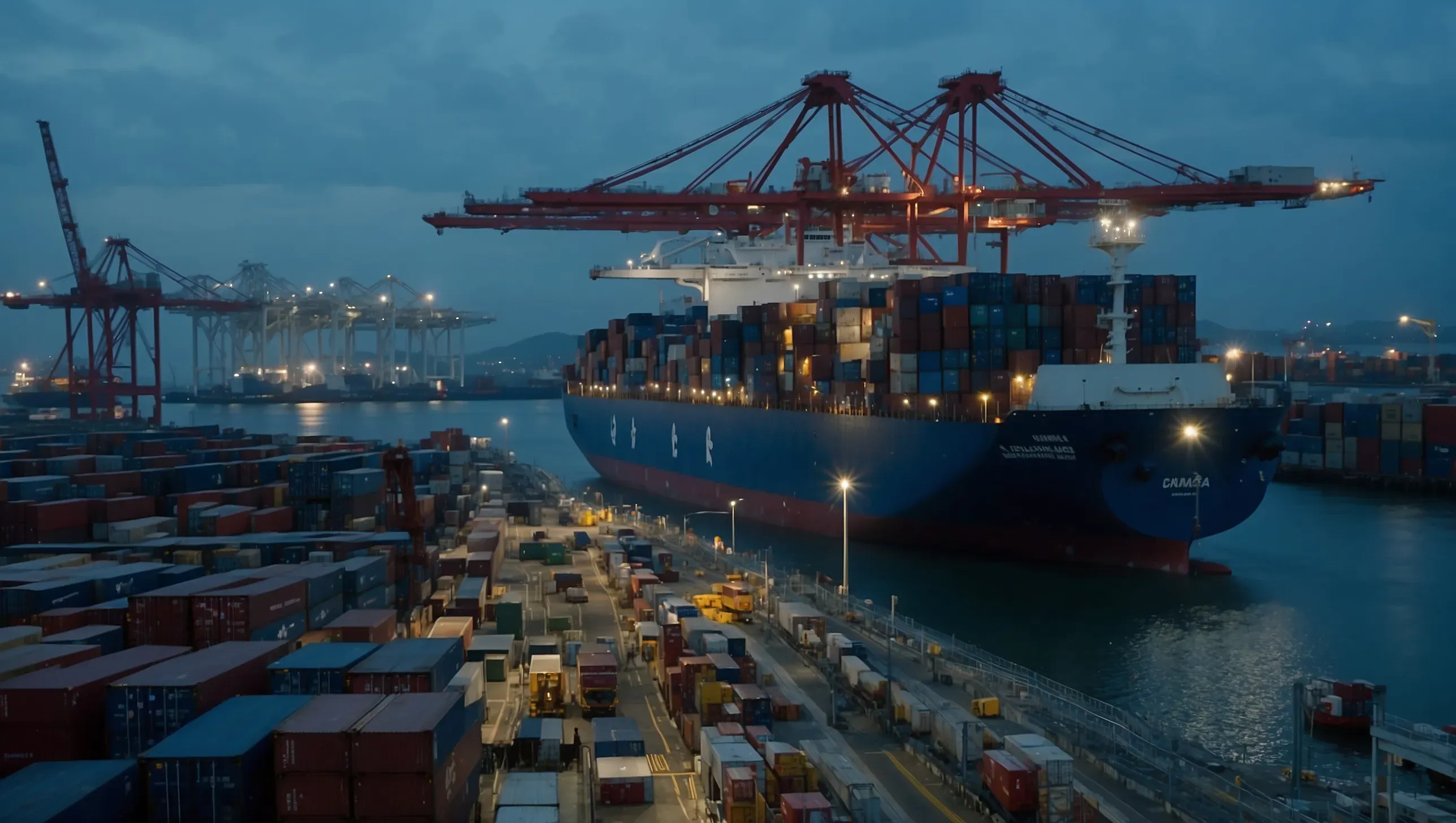 Kapal kargo RoRo berlabuh di pelabuhan Malaysia pada waktu biru — operasi maritim yang teratur dan dipercayai