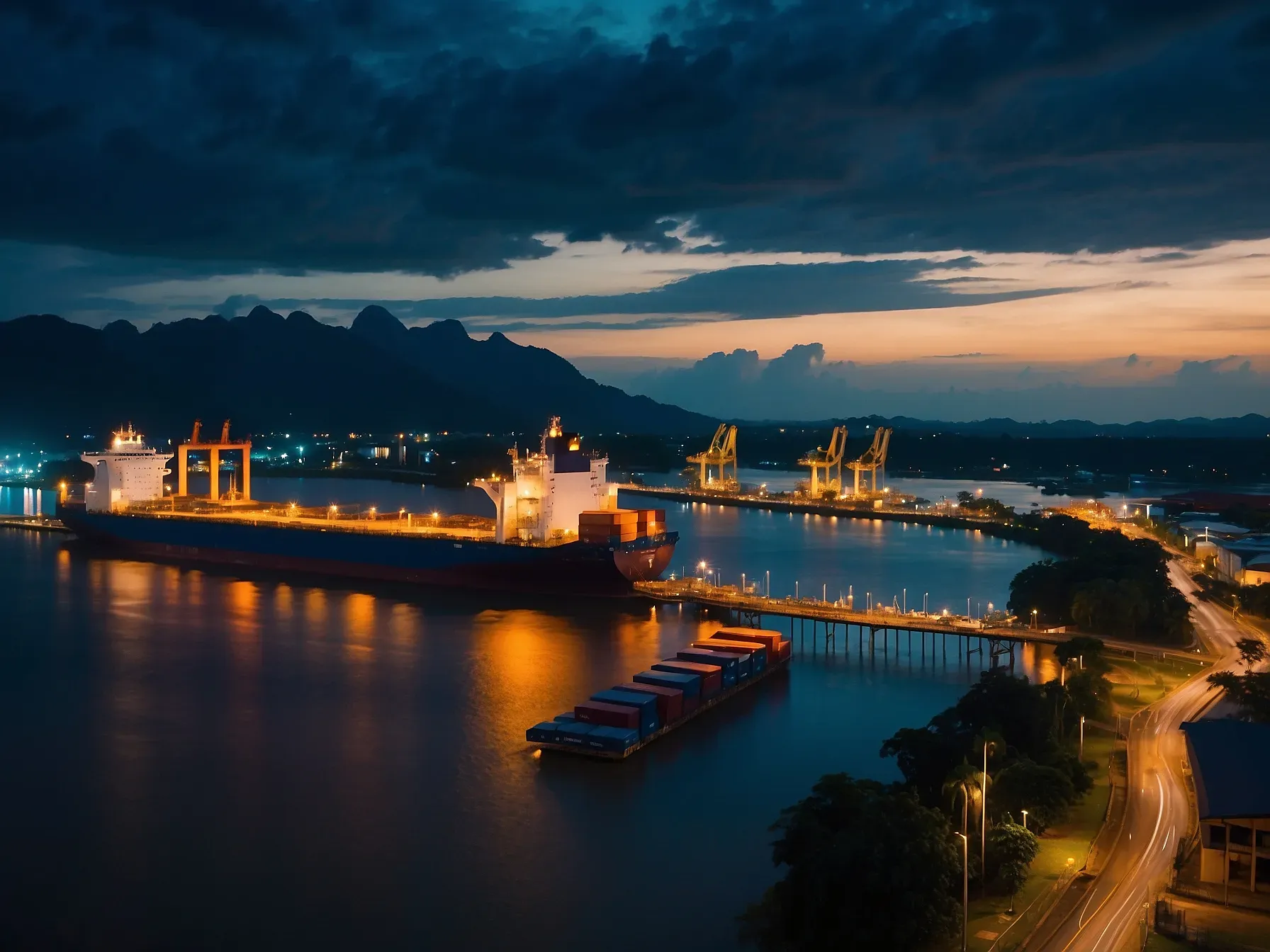 Pelabuhan Kuching, Sarawak dengan kapal kargo dan pengendalian kontena